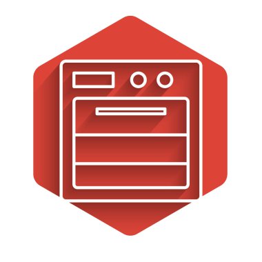 White line Oven icon isolated with long shadow. Stove gas oven sign. Red hexagon button. Vector Illustration