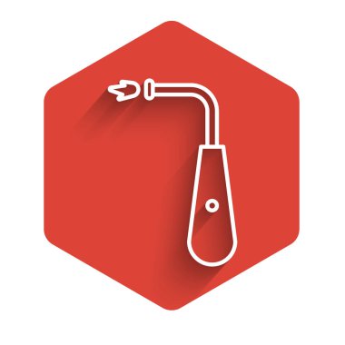 Beyaz çizgi Uzun elektrik aydınlatma simgesi uzun gölgeli izole. Kırmızı altıgen düğmesi. Vektör İllüstrasyonu