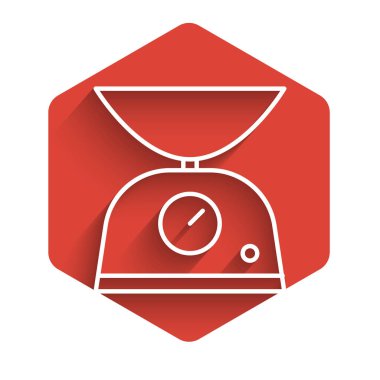 Beyaz çizgi ölçekli simge uzun gölgeli izole edilmiş. Ağırlık ölçüm aletleri. Kırmızı altıgen düğmesi. Vektör İllüstrasyonu