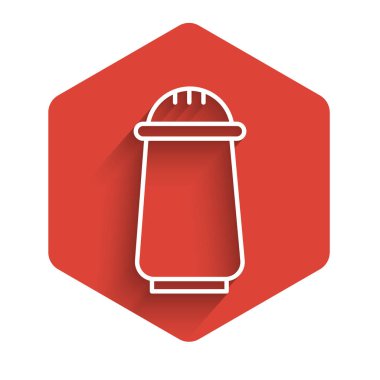 White line Salt and pepper icon isolated with long shadow. Cooking spices. Red hexagon button. Vector Illustration