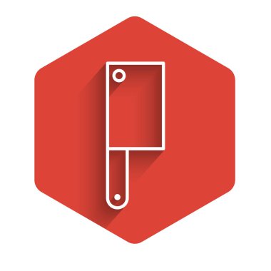 White line Meat chopper icon isolated with long shadow. Kitchen knife for meat. Butcher knife. Red hexagon button. Vector Illustration