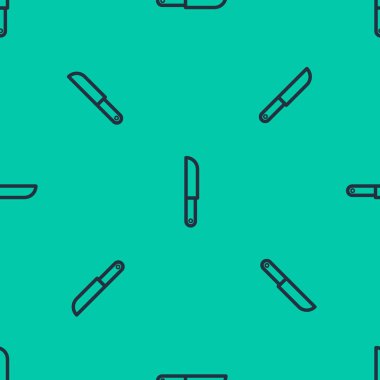 Mavi çizgi bıçak ikonu yeşil arka planda kusursuz desen izole etti. Çatal bıçak sembolü. Vektör İllüstrasyonu