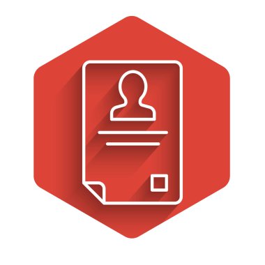 Beyaz çizgi tanımlama rozeti simgesi uzun gölgeli izole edilmiş. Sunum için, şirketin kimliği için, reklam için kullanılabilir. Kırmızı altıgen düğmesi. Vektör İllüstrasyonu