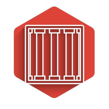 Beyaz çizgi Cezaevi pencere simgesi uzun gölgeyle izole edildi. Kırmızı altıgen düğmesi. Vektör İllüstrasyonu