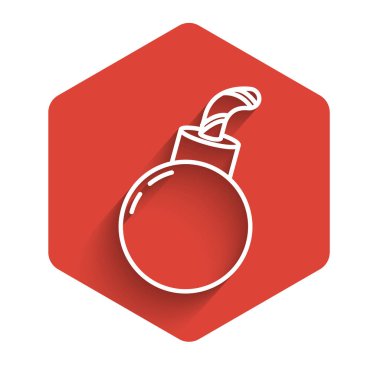 Beyaz çizgi bombası, uzun gölgeli ikonu patlatmaya hazır. Mutlu Cadılar Bayramı Partisi. Kırmızı altıgen düğmesi. Vektör İllüstrasyonu