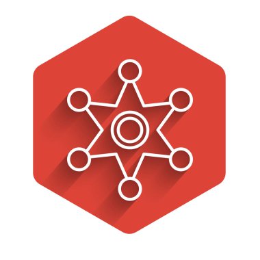 Beyaz çizgi şerifi Hexagram ikonu uzun gölgelerle izole edilmiş. Polis rozeti ikonu. Kırmızı altıgen düğmesi. Vektör İllüstrasyonu