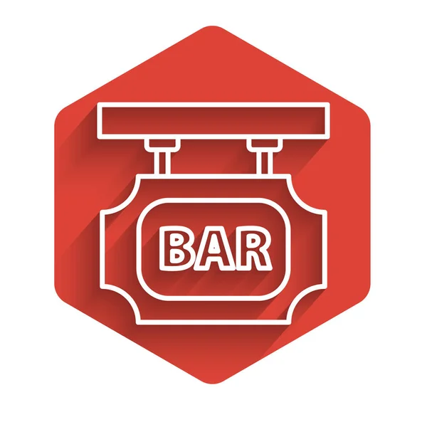 Λευκή γραμμή Street πινακίδα με επιγραφή Bar εικονίδιο απομονώνονται με μεγάλη σκιά. Κατάλληλο για διαφημίσεις μπαρ, καφέ, παμπ, εστιατόριο. Κόκκινο εξάγωνο κουμπί. Εικονογράφηση διανύσματος — Διανυσματικό Αρχείο