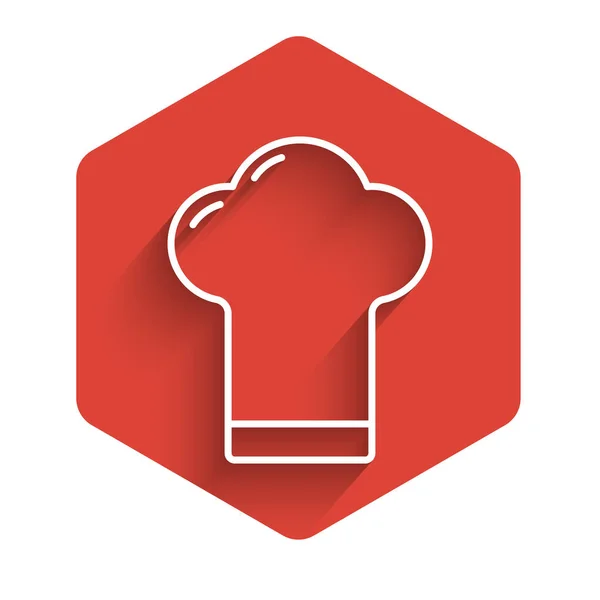 Λευκή γραμμή Chef καπέλο εικονίδιο απομονώνονται με μεγάλη σκιά. Σύμβολο μαγειρικής. Καπέλο μαγειρικής. Κόκκινο εξάγωνο κουμπί. Εικονογράφηση διανύσματος — Διανυσματικό Αρχείο