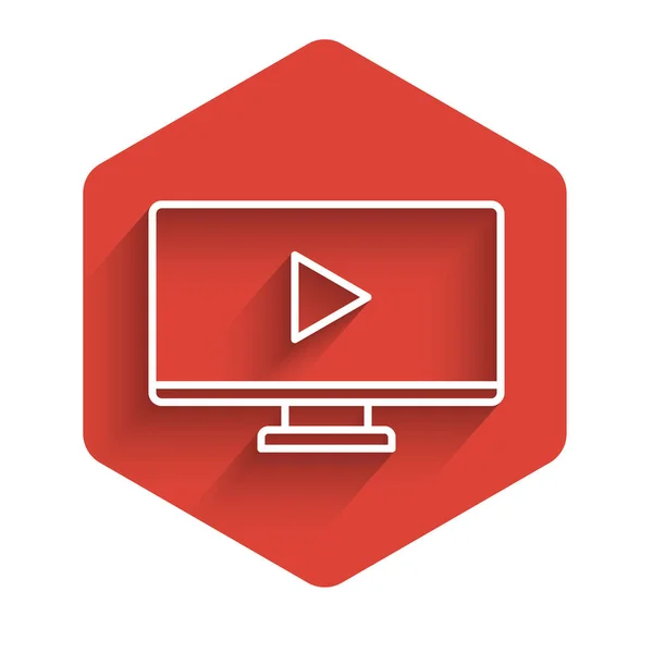 White line Online memainkan ikon video yang terisolasi dengan bayangan panjang. Komputer monitor dan film strip dengan bermain tanda. Tombol segi enam merah. Ilustrasi Vektor - Stok Vektor