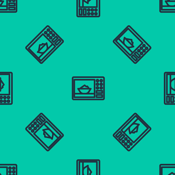 Blue line Micmicrowave oven icon isolated seamless pattern on green background. Значок бытовой техники. Векторная миграция
