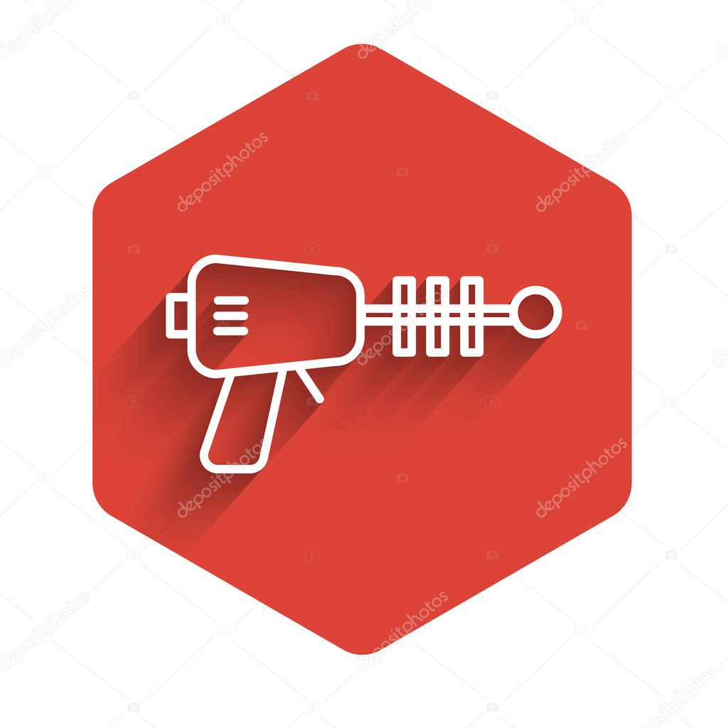 White line Ray gun icon isolated with long shadow. Laser weapon. Space blaster. Red hexagon button. Vector Illustration