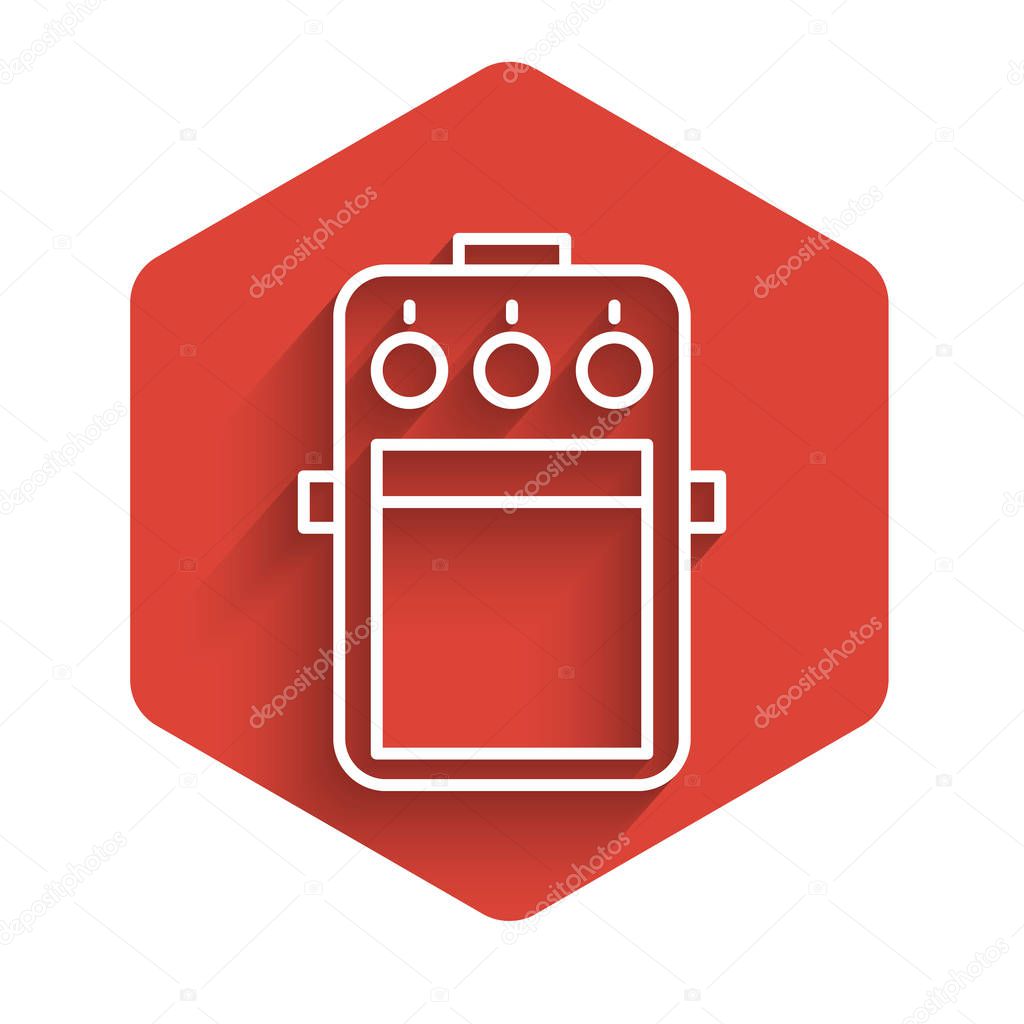 White line Guitar pedal icon isolated with long shadow. Musical equipment. Red hexagon button. Vector Illustration