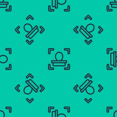 Mavi çizgi yüz tanıma simgesi yeşil arkaplandaki kusursuz deseni izole etti. Yüz tanımlama simgesi. Yüz tanıma. Siber güvenlik kavramı. Vektör İllüstrasyonu