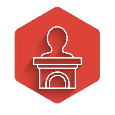 Beyaz çizgi sahne standı ya da uzun gölgeli podyum kürsüsü ikonu. Konferans konuşma tribünü. Kırmızı altıgen düğmesi. Vektör İllüstrasyonu