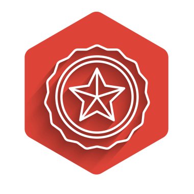 Beyaz çizgi polis rozeti ikonu uzun gölgeli izole edildi. Şerif rozeti. Kırmızı altıgen düğmesi. Vektör İllüstrasyonu