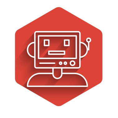 Beyaz çizgi robot simgesi uzun gölgeli izole edilmiş. Kırmızı altıgen düğmesi. Vektör İllüstrasyonu