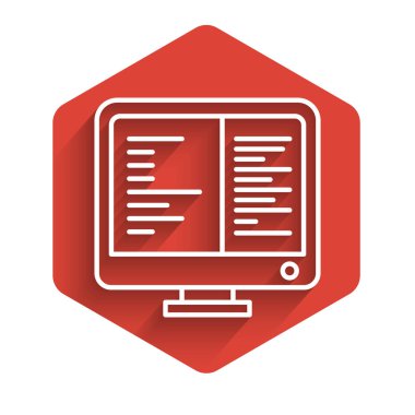 Beyaz çizgi bilgisayar ekran simgesi uzun gölgeli izole edildi. Elektronik cihaz. Ön manzara. Kırmızı altıgen düğmesi. Vektör İllüstrasyonu