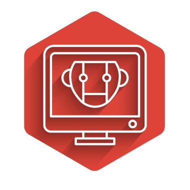 Beyaz çizgi robot simgesi uzun gölgeli izole edildi. Bilgisayar monitörü ve robot simgesi. Kırmızı altıgen düğmesi. Vektör İllüstrasyonu