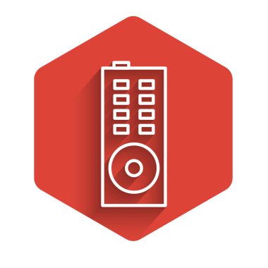 White line Remote control icon isolated with long shadow. Red hexagon button. Vector Illustration