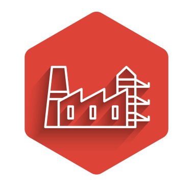 Beyaz hat enerji santrali ve fabrika ikonu uzun gölgeli izole edilmiş. Enerji endüstrisi konsepti. Kırmızı altıgen düğmesi. Vektör İllüstrasyonu