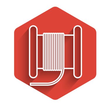 Uzun gölgeli beyaz çizgi elektrik kablosu makara ya da davul ikonu. Kırmızı altıgen düğmesi. Vektör İllüstrasyonu