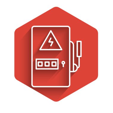 Beyaz çizgi elektrikli panel simgesi uzun gölgeli izole edilmiş. Kırmızı altıgen düğmesi. Vektör İllüstrasyonu