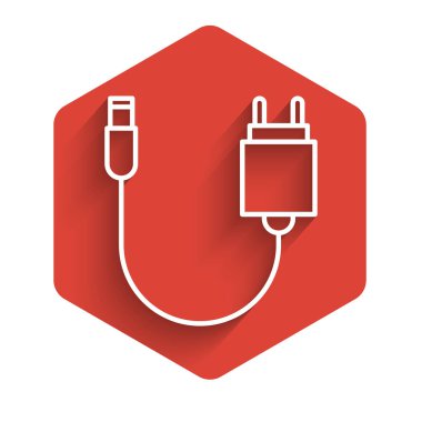 Beyaz çizgi Charger simgesi uzun gölgeli izole edildi. Kırmızı altıgen düğmesi. Vektör İllüstrasyonu