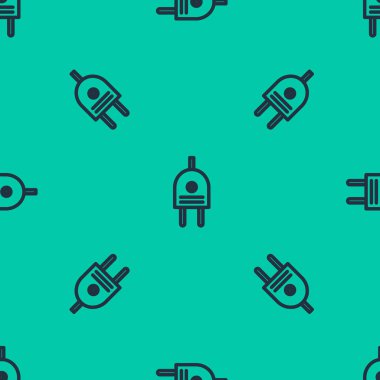 Mavi çizgi elektrik prizi simgesi yeşil arkaplanda pürüzsüz desen izole etti. Bağlantı kavramı ve elektriğin kesilmesi. Vektör İllüstrasyonu