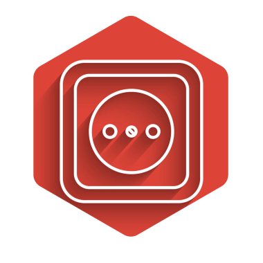 Beyaz çizgi elektrik çıkış simgesi uzun gölgeli izole edilmiş. Elektrik prizi. Rosette sembolü. Kırmızı altıgen düğmesi. Vektör İllüstrasyonu