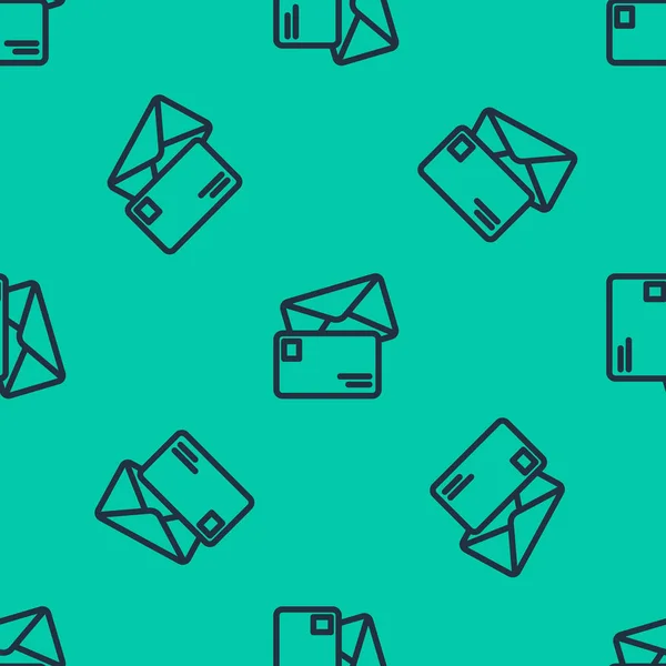 Ícone de envelope de linha azul isolado padrão sem costura no fundo verde. Símbolo da letra da mensagem de email. Ilustração vetorial — Vetor de Stock