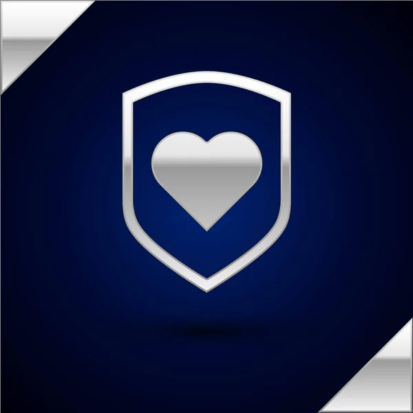 Corazón de Plata con escudo icono aislado sobre fondo azul oscuro. Símbolo de amor. Seguridad, seguridad, protección, concepto de protección. Día de San Valentín. Ilustración vectorial — Archivo Imágenes Vectoriales