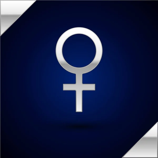 진한 파란색 배경에 격리 된 실버 여성 성별 기호 아이콘입니다. 금성 기호입니다. 여성 유기체 또는 여성의 상징. 벡터 일러스트레이션 — 스톡 벡터