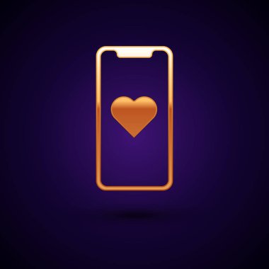 Koyu mavi arka planda kalp ikonu olan altın renkli cep telefonu. Sevgililer Günü. Vektör İllüstrasyonu