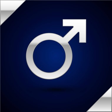 Gümüş Erkek cinsiyet sembolü simgesi koyu mavi arka plan üzerinde izole. Vektör İllüstrasyonu