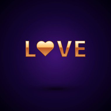 Gold Love text icon isolated on dark blue background. Valentines day greeting card template. Vector Illustration clipart