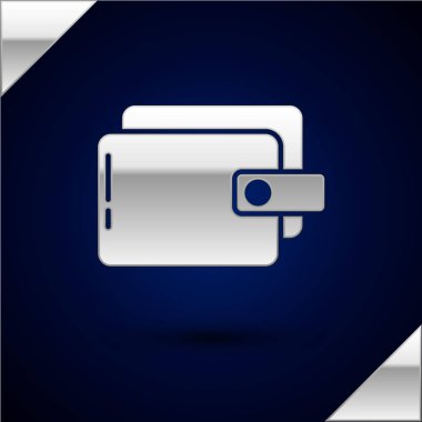 Koyu mavi arka planda yalıtılmış Gümüş Cüzdan simgesi. Çanta simgesi. Nakit tasarruf sembolü. Vektör İllüstrasyonu
