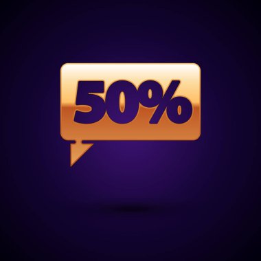 Koyu mavi arka planda% 50 indirimli altın etiket ikonu. Etiket alışverişi. Özel teklif işareti. İndirim kuponları sembolü. Vektör İllüstrasyonu