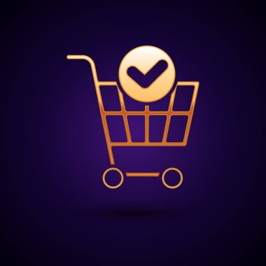 Koyu mavi arka planda işaretli altın alışveriş arabası. Onaylanmış, onaylanmış, tamam, tik, tamamlanmış süpermarket sepeti. Vektör İllüstrasyonu