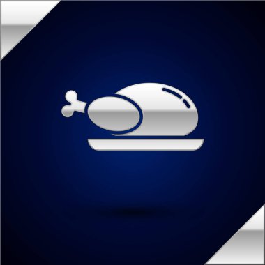 Gümüş kavrulmuş hindi ya da koyu mavi arka planda izole edilmiş tavuk ikonu. Vektör İllüstrasyonu