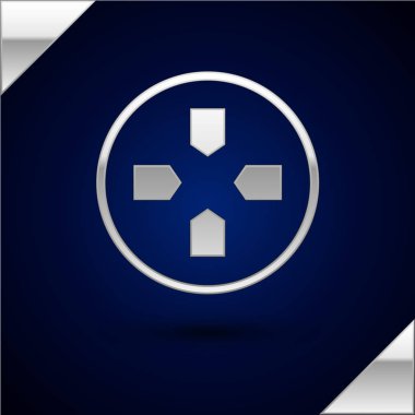 Gümüş Gamepad simgesi koyu mavi arka planda izole. Oyun kumandası. Vektör İllüstrasyonu