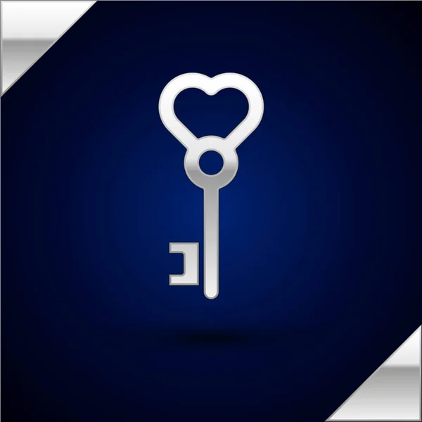 Silberner Schlüssel in Herzform-Symbol isoliert auf dunkelblauem Hintergrund. Valentinstag. Vektorillustration — Stockvektor