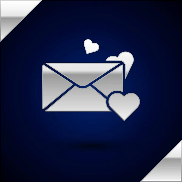 Enveloppe en argent avec icône de coeur de Saint-Valentin isolé sur fond bleu foncé. Message d'amour. Lettre d'amour et de romance. Illustration vectorielle — Image vectorielle