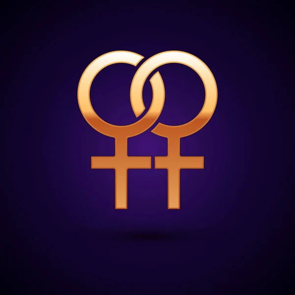 Icono de símbolo de género femenino dorado aislado sobre fondo azul oscuro. Símbolo Venus. El símbolo de un organismo femenino o una mujer. Ilustración vectorial — Archivo Imágenes Vectoriales