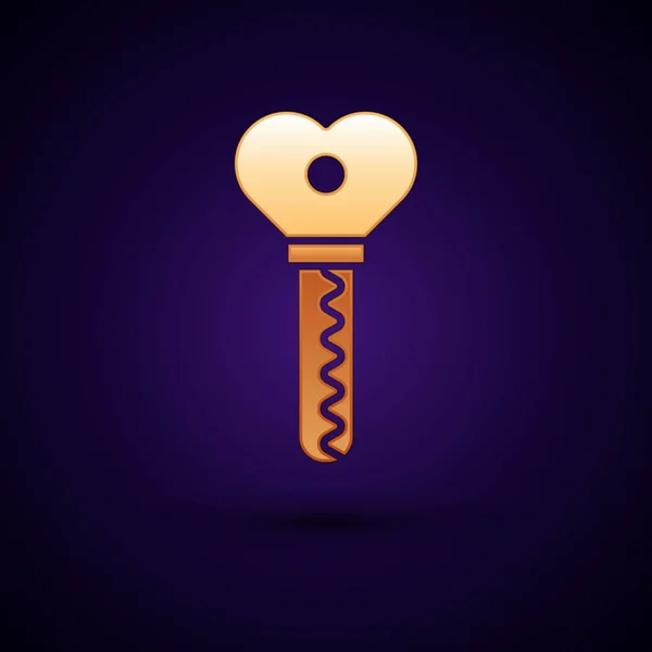 Gold Key in heart shape icon isolated on dark blue background. Valentines day. Vector Illustration — Stock Vector