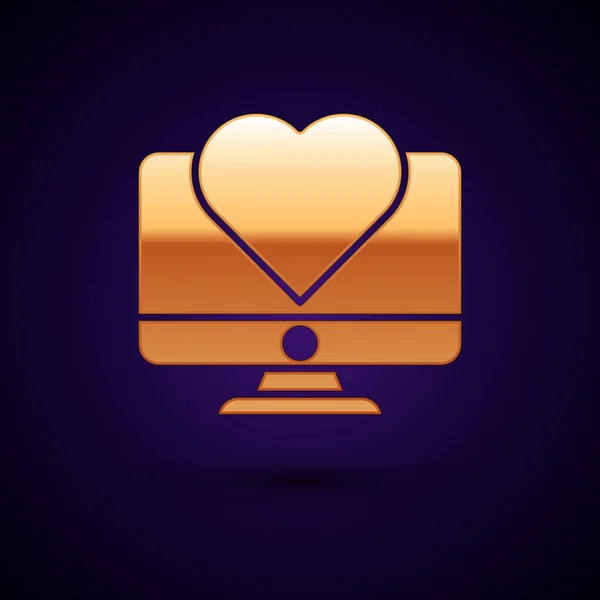 Monitor Gold Computer con icona del cuore isolato su sfondo blu scuro. San Valentino. Illustrazione vettoriale — Vettoriale Stock