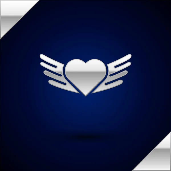 Silver Heart with wings icon isolated on dark blue background. Love symbol. Valentines day. Vector Illustration — Stock Vector