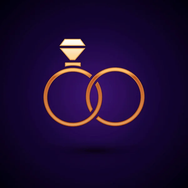 Guld Bröllop ringar ikon isolerad på mörkblå bakgrund. Brud- och brudgummens smyckesskylt. Äktenskapssymbol. Diamantring. Vektor Illustration — Stock vektor