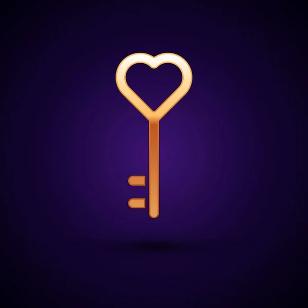 Zlatý klíč ve tvaru srdce ikona izolované na tmavomodrém pozadí. Valentýn. Vektorová ilustrace — Stockový vektor