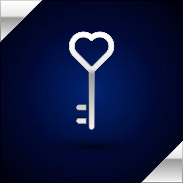 Silver Key in heart shape icon isolated on dark blue background. Valentines day. Vector Illustration — Stock Vector