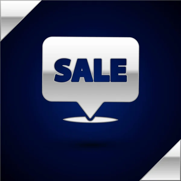 Zilveren ophangbord met tekst Sale icoon geïsoleerd op donkerblauwe achtergrond. Signboard met tekst Verkoop. Vector Illustratie — Stockvector